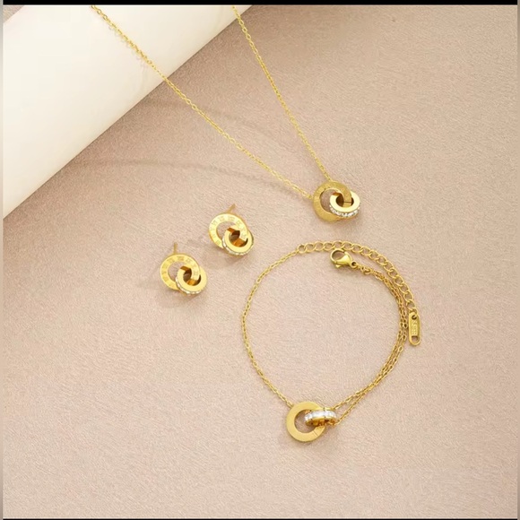 NIB 4 Pc Set Gold Plated Bold Roman Numeral Stainless Steel & Zircon Jewelry Set - Picture 9 of 16